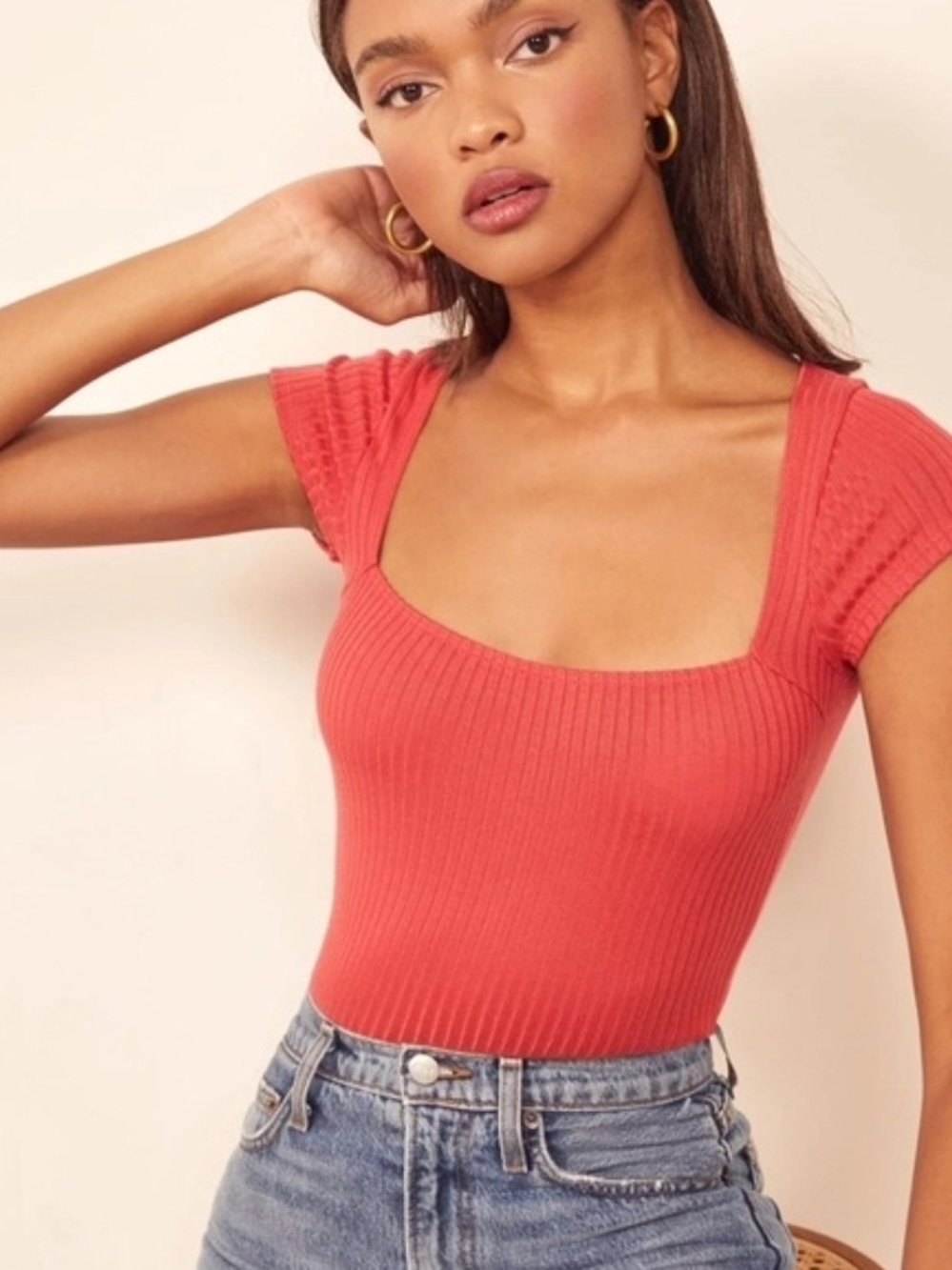 Reformation Bardot Ribbed Square-Neck Top in Apple